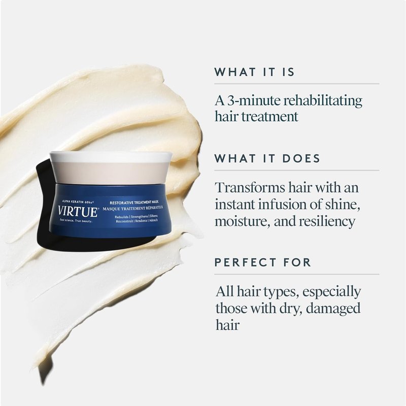 Virtue Restorative Hair Mask - Keratin & Baobab Seed Oil Treatment for Damaged Hair | Color Safe, All Hair Types