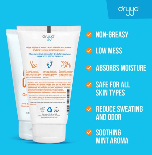 Foot Powder Cream Lotion Deodorant, 5oz Tube For Sweaty Smelly Feet, Low Mess, Absorb Reduce & Control Odor, Talcum-Free, Tea Tree + Peppermint, Leave On Foot Mask, Men & Women