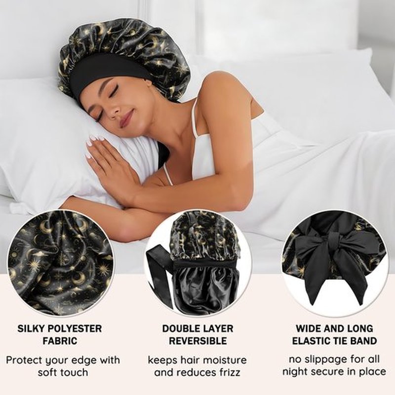 Deokke Satin Hair Braid Bonnet for Sleeping Double Layer Elastic Wide Soft Tie Band Sleeping Hair Silk Lined Sleep Cap for Women Girls-Sun Moon