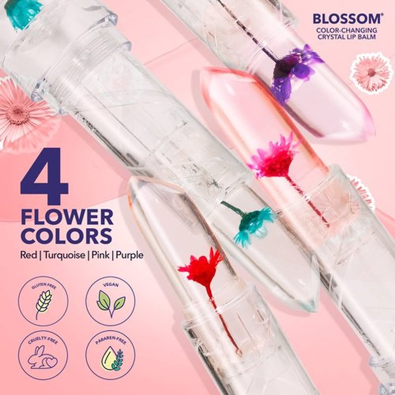 Blossom Moisturizing Scented pH Color Changing 2 pack, Strawberry Scented Crystal Lip Balm (Red), Shimmer Sparkle Lip Stain Tint (Blush), Infused with Real Flowers, 6g, Red/Blush