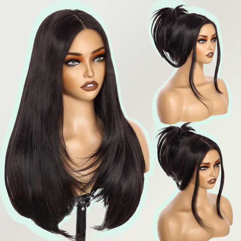 Worldnewhair Natural Black Lace Front Wig 26 Inch - 13x4 HD Lace Layered Wigs for Women, Wear and Go Glueless Wigs Pre Plucked Pre Cut Long Straight Syntheic Fiber Pre-styling Hair for Daily