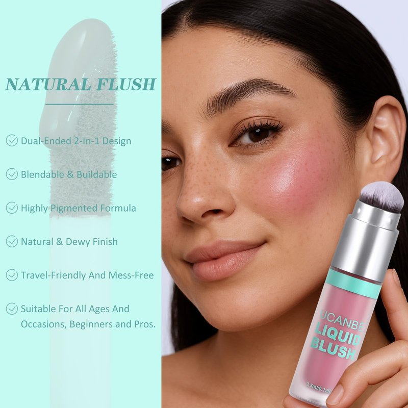 UCANBE Dual-Ended Liquid Blush with Angle Applicator & Built-In Brush, Seamless Buildable Blendable Lightweight Cheek Tint Makeup, Long Lasting Creates Dewy Natural Flush Finish - Lavender