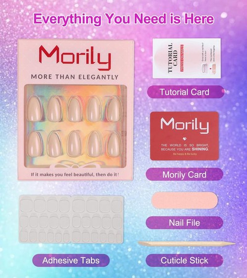 Morily Short Fake Press on Nails Almond with Glitter Designs, Milky White Acrylic Thick Stick on False Nail Reusable Glossy Full Cover Manicure for Women, 32 Pcs