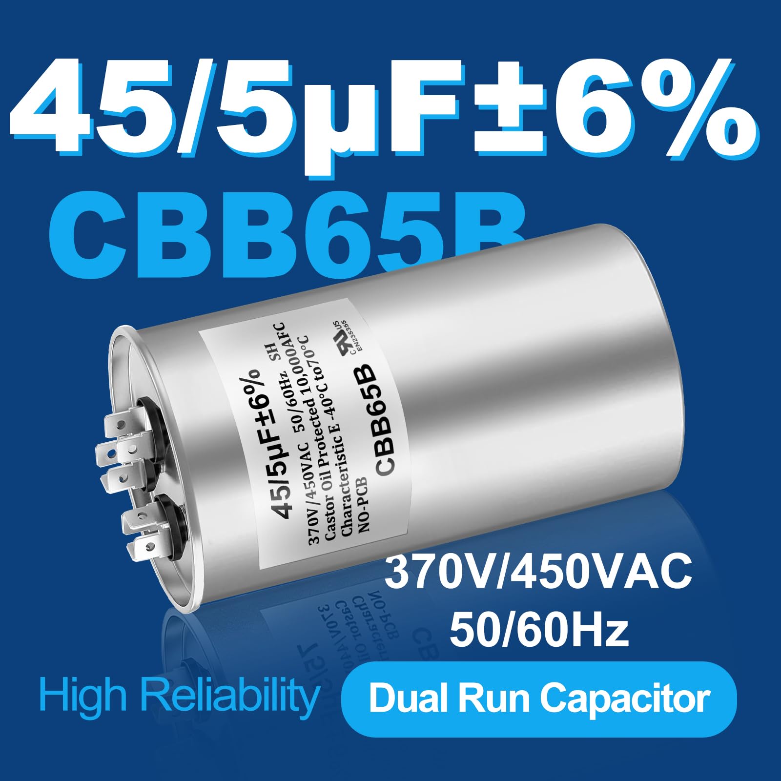 45/5 MFD 45+5 uF ±6% 370V/440VAC CBB65B Dual Run Circular Start Capacitor for AC Motor Run or Condenser Straight or Fan Start（60 * 100mm）