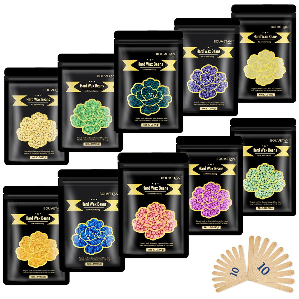 Bouvetan Wax Beads for Hair Removal, 1.3Lb/21oz 6 Packs Hard Wax Beans for Eyebrow, Face, Bikini, Legs, Arms, Full Body Waxing with 10pcs Wax Spatulas