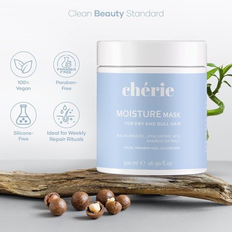 chérie Deep Conditioning Hair Mask for Curly and Straight Hair With Macadamia Oil, Hyaluronic Acid & Bamboo Extract, Hydrating for Dry Damaged, Helps Repair, Reducing Frizz & Breakage, Vegan 16.90 oz