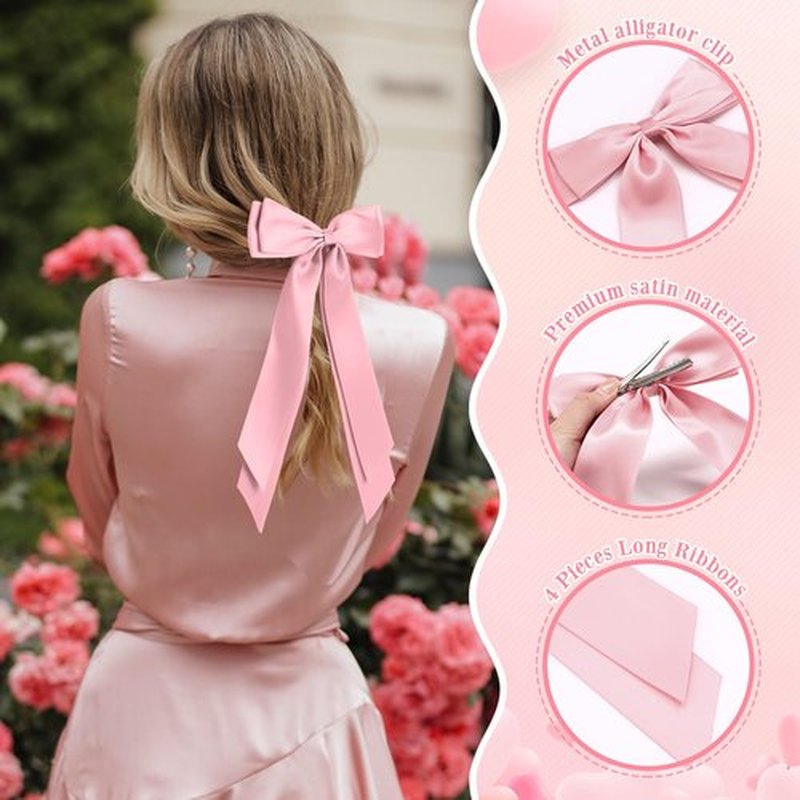 Mimorou 16 Pcs Satin Hair Bows for Women Girls Bulk Long Hair Bow Clips with Long Tail Silky Ribbon Barrettes Ponytail Holder Accessories Christmas Birthday Wedding Holiday Gifts