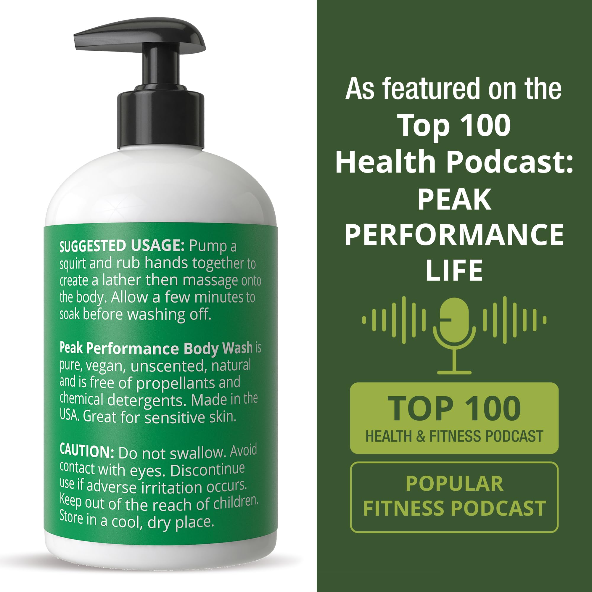 Peak Performance Pure Unscented Body Wash Made with Organic Ingredients Including Aloe Vera, Olive Oil, Jojoba, Coconut and Shea Butter - Great for Sensitive Skin - Natural Vegan No Toxins