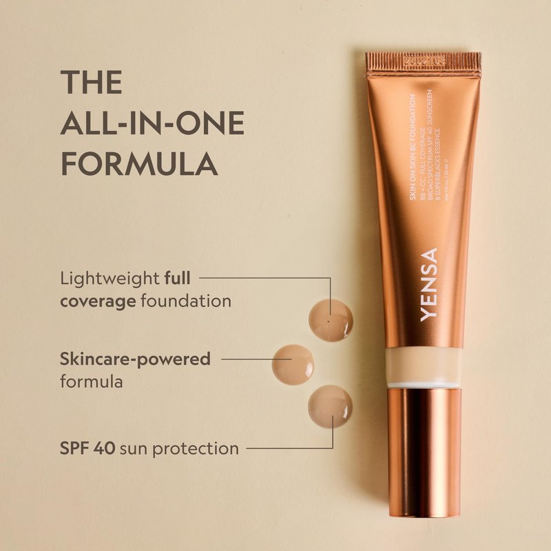 YENSA Skin on Skin BC Foundation Makeup - CC Cream, BB Cream & Full Coverage Foundation-In-One - Buildable, Radiant Finish with SPF 40, Hyaluronic Acid, Peptides & 8 SuperBlacks - Medium Warm (1 oz)