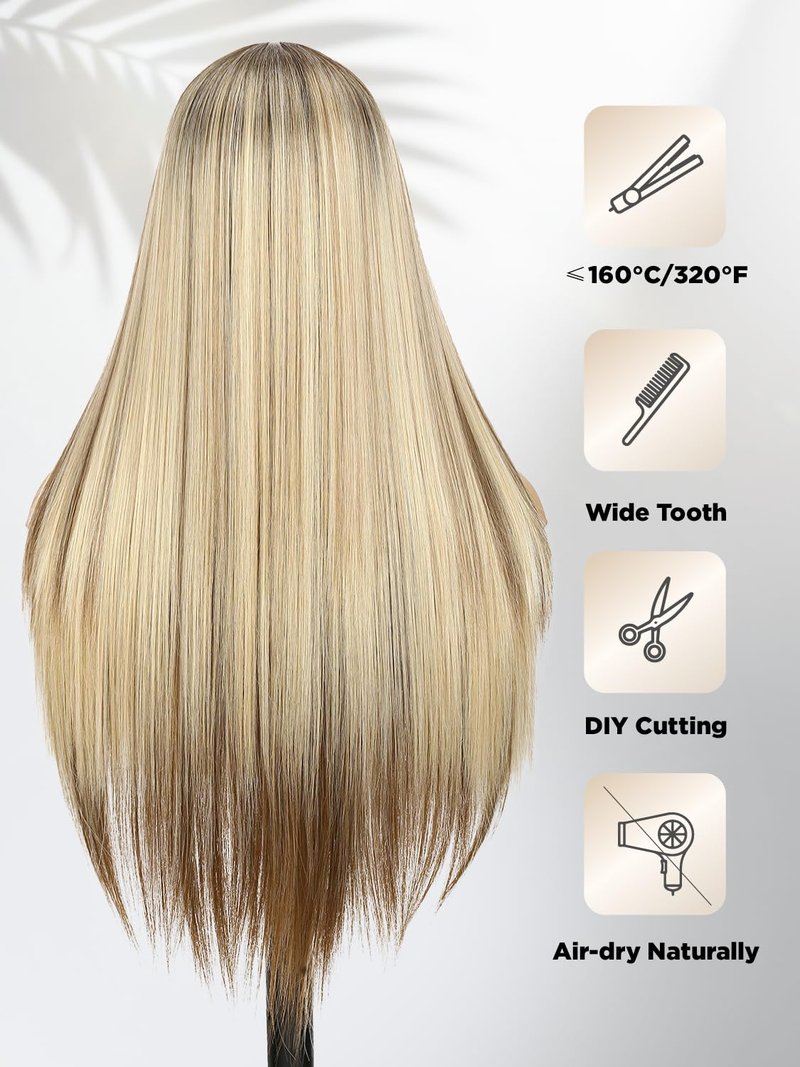 WIGRE Long Straight Wig 26 Inches Middle Part Mix Blonde Wigs for Women Daily Use Ombre Brown Highlight Honey Blonde Wig Synthetic Heat Resistant Hair for Valentine's Day/Music Festival/Carnival