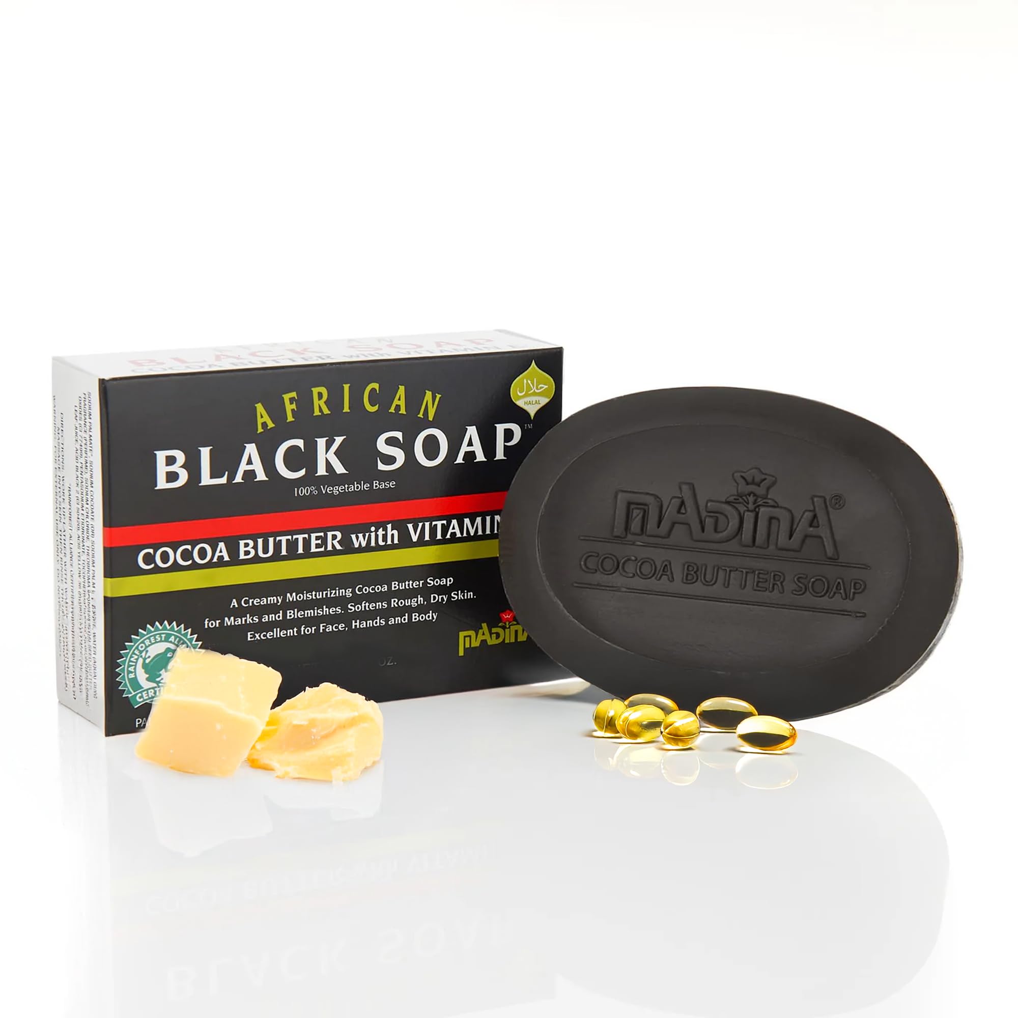 Madina African Black Soap Bar – Cocoa Butter, Vitamin E, Moisturizing, Skin-Restoring, Marks & Blemishes, Face & Body Cleanser, 100% Vegetable-Based, Halal, 6 Pack (3.5 oz Each)