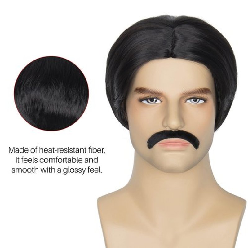 Miss U Hair Men Short Black Straight Wig Distinct Center Parting Mustache Set Cosplay Party Wig