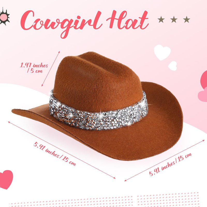 Zeyune 6 Inch Cowboy Hat Hair Clip with Rhinestones Cowgirl Mini Small Hat Clip for Disco Western Party Decoration(Coffee)