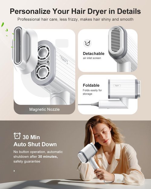 Tqcir Hair Dryer, 220,000 RPM Dual High-Speed Brushless Motors Blow Dryer for 6X Fast Drying, 500 Million Negative Ionic Hair Dryers for Long Thick Hair, Low-Noise 4 Temps /4 Speeds