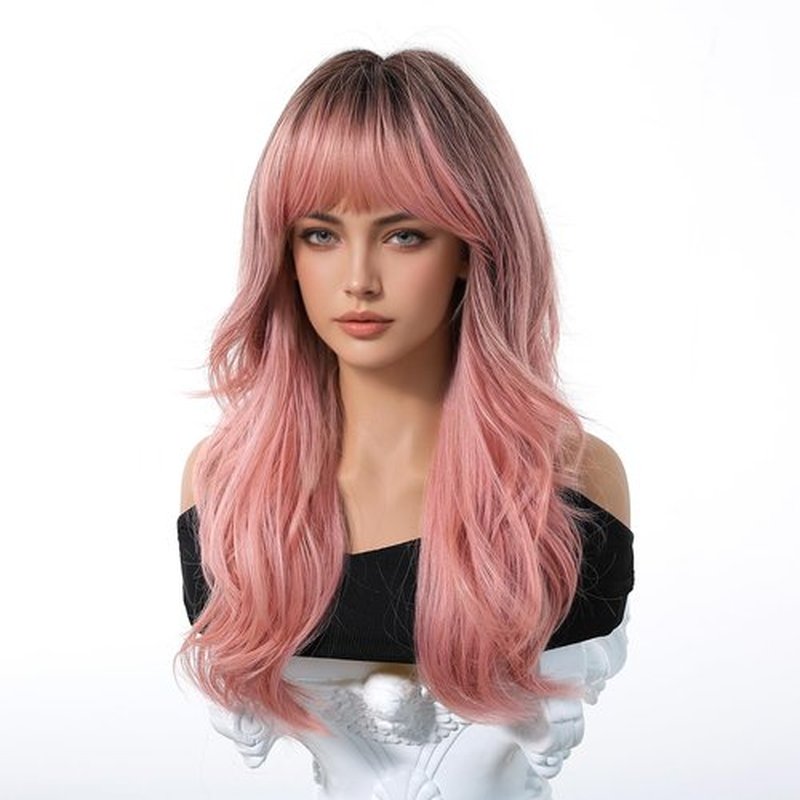 Osicapea Ombre Pink Wigs with Bangs for Women, Natural Wavy Curly Hair Ladies Woman Heat Resistant Synthetic Wig 22 Inch Long Wig for Women's Cosplay Costume Party Daily Use