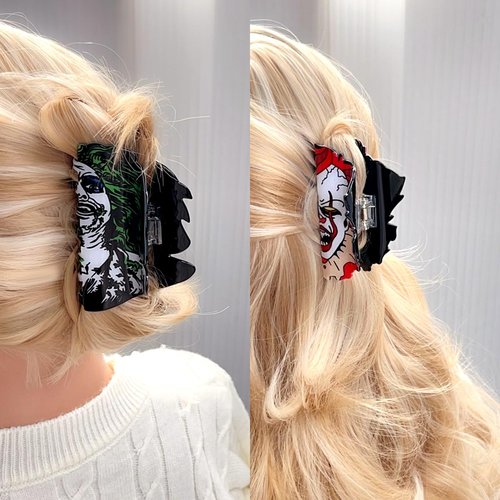 4pcs Spooky Halloween Hair Accessories, 4inch Large Scream Mask Claw Clips, Fun Halloween Hair Clips, Skull Ghost Decorative Claw Clips, Cyberpunk Green Hair Water Ghost Hair Clips