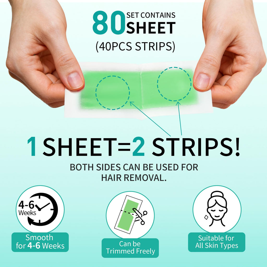 Wax Strips, 80pcs Wax Strips For Face & Body, Waxing Strips For Women, For Bikini, Lip, Body, Facial Hair Removal (40*Big, 40*Small，6*Wipes)