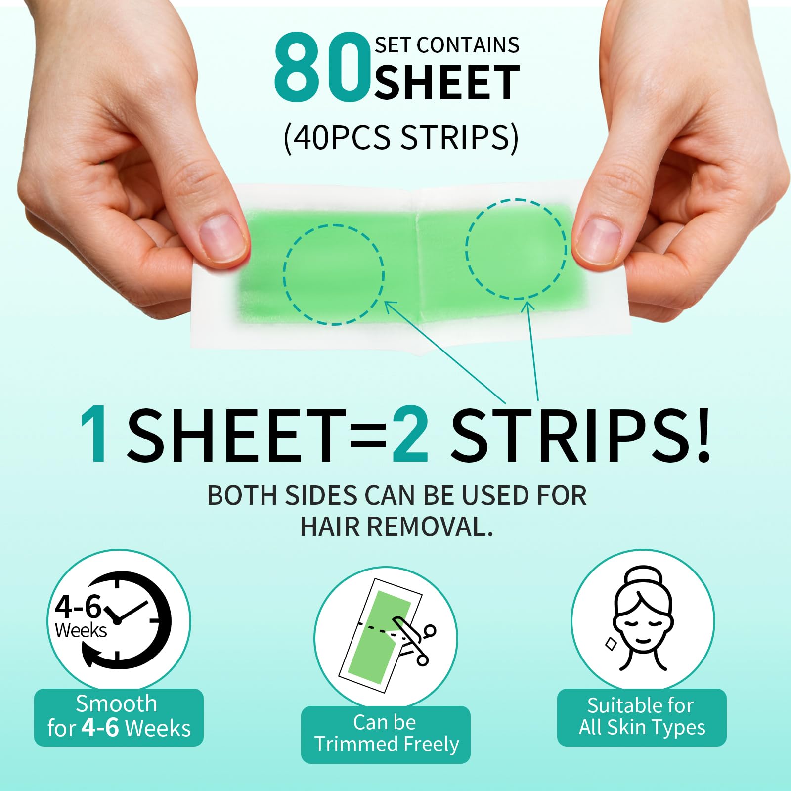 Wax Strips, 80pcs Wax Strips For Face & Body, Waxing Strips For Women, For Bikini, Lip, Body, Facial Hair Removal (40*Big, 40*Small，6*Wipes)
