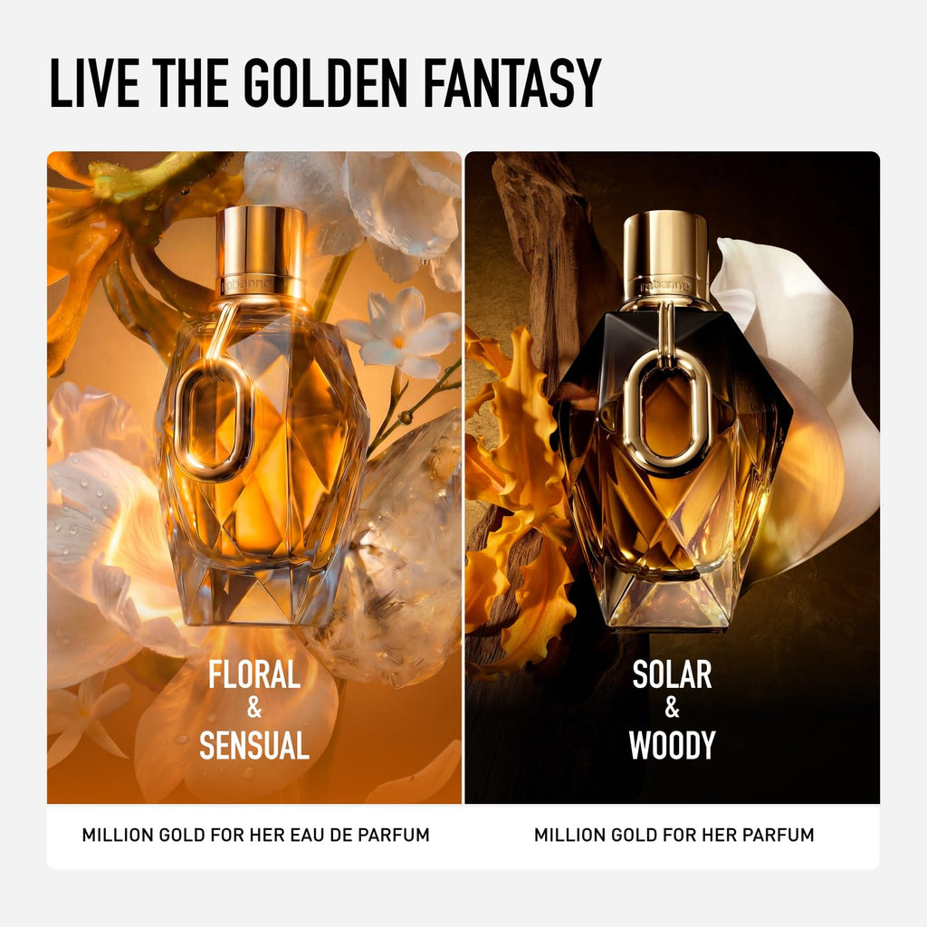 Rabanne Million Gold For Her Eau de Parfum - Long Lasting Refillable Designer Perfume for Women with Sparkling Rose, White Flowers & Salty Mineral Musk - Luxury Fragrance, 1.7 oz