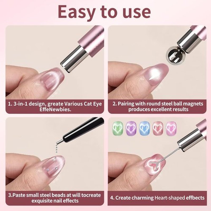 uadbau 4-Piece Cat Eye Magnet Set – Black Bead-Attracting Nail Magnet Pen & Heart-Shaped Magnet for Nails, Nail Magnets for Nail Art, Cat Eye Magnet for Nail Art, Perfect for Home DIY, Nail Art Design