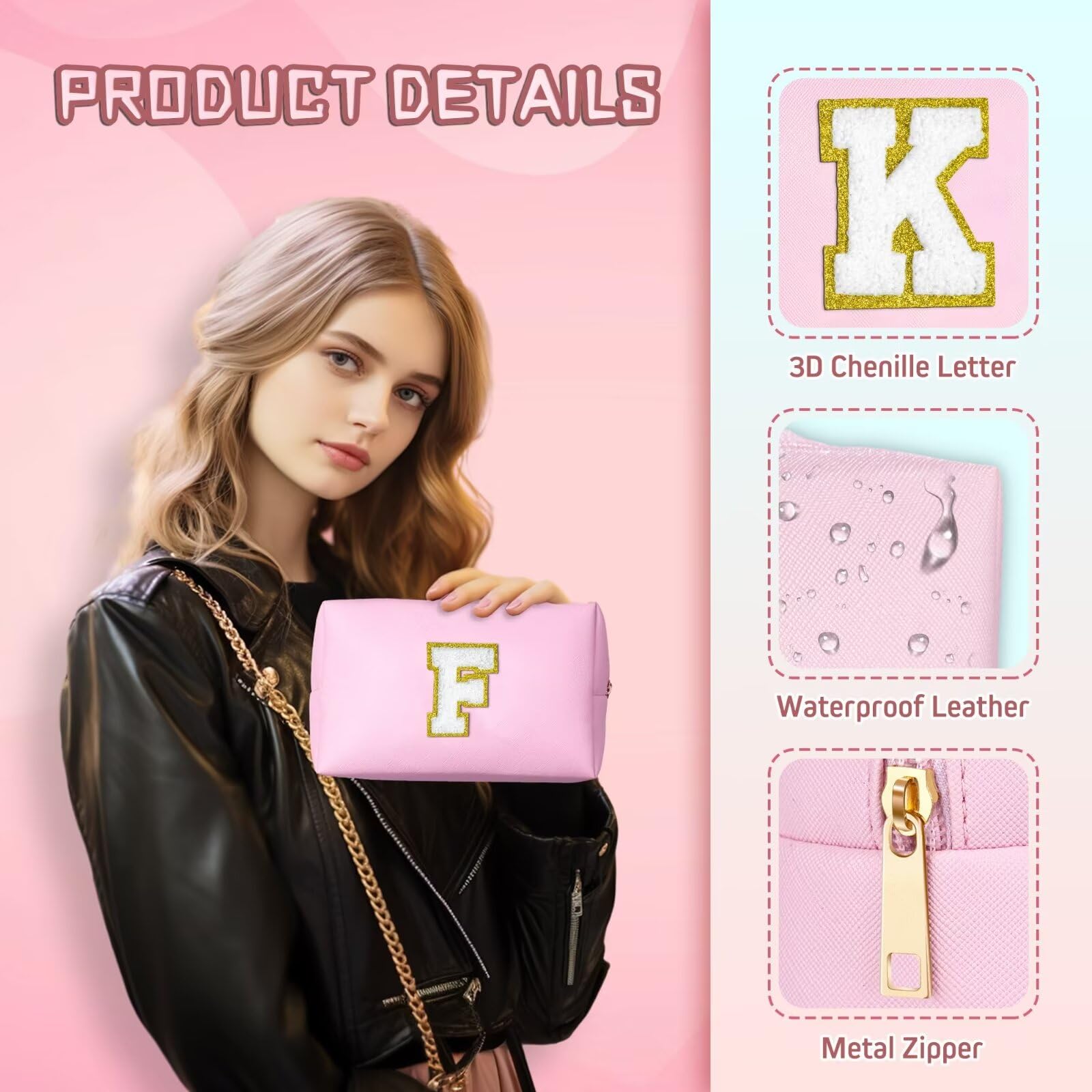 TOPEAST Cosmetic Travel Bags for Women, Preppy Small Makeup Bag, PU Leather Waterproof Toiletry Bag, Unique Friendship Gifts for Friends Coworker, Cute Stuff for Girls (Pink R)
