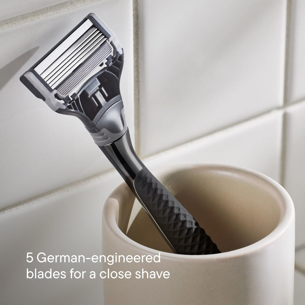 Harry's Original Shave Gift Set for Men - Black Metallic Handle + 3 Razor Blade Cartridges + Travel Blade Cover + 1 Foaming Shave Gel - German Engineered