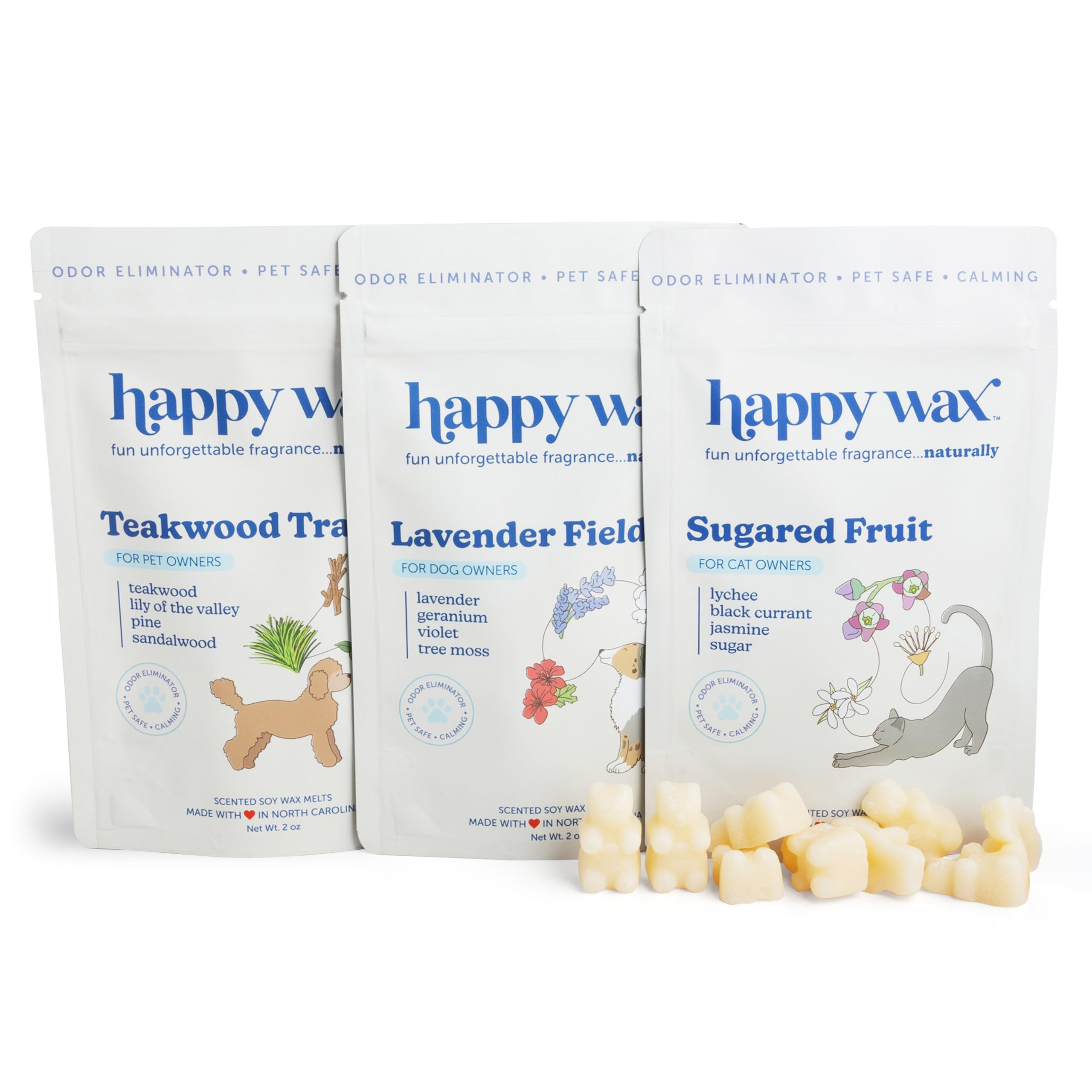 Happy Wax Pet Scents Collection: Pet Safe, Odor Eliminating, Non-Toxic Scented Soy Wax Melts – Total 6oz Variety Pack: Teakwood Trails, Lavender Fields, and Sugared Fruit