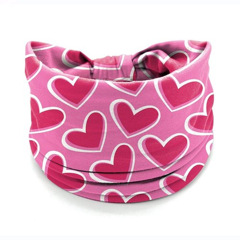 4 Pcs Valentine's Day Headbands for Women, Pink Wide Turban Dress Up Costume Breathable Stretchy Non Slip Head Wrap, Love Heart Printed Pattern Holiday Fall Winter Hair Band for Yoga Running Party