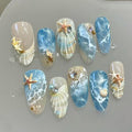 30Pcs Summer Press on Nails Almond French Tip Fake Nails with 3D Pearl Seashell Design Ocean Beach Press ons Cute Starfish False Nails Tropical Sea Wave Conch Stick on Nails for Women