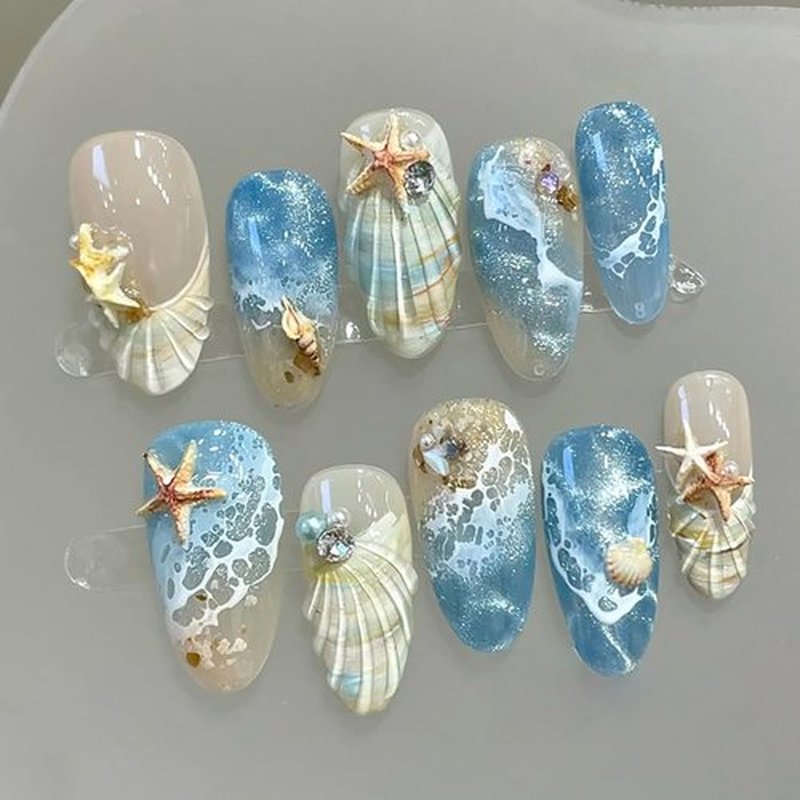 30Pcs Summer Press on Nails Almond French Tip Fake Nails with 3D Pearl Seashell Design Ocean Beach Press ons Cute Starfish False Nails Tropical Sea Wave Conch Stick on Nails for Women