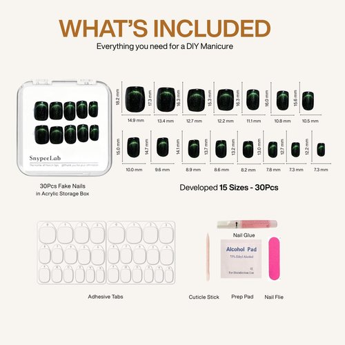 SnypeeLab Press on Nails Short Square, Green Cat Eye Nails, Glue on Nails Short, Football Nail, French Tip Smile Line Cat Eye Nails, Reusable, Acrylic 30Pcs(Green)