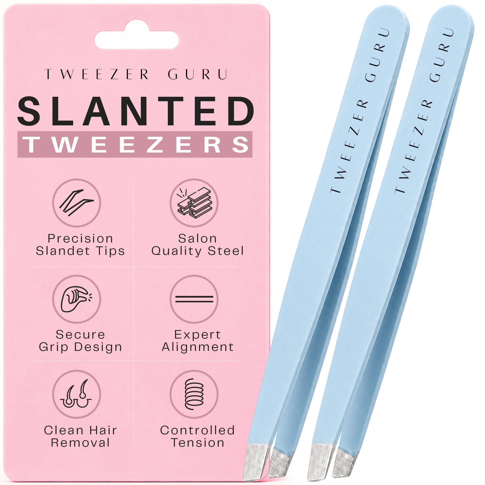 Tweezer Guru Tweezers for Women Facial Hair & Men – Precision Slant-Pointed Eyebrow Tweezer for Ingrown Hair, Blackhead & Splinter Removal (2 Sky Blue)