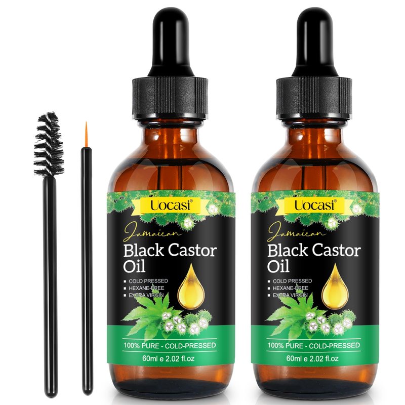 Uocasi Jamaican Black Castor Oil - 2Pack, 100% Pure and Organic, Cold Pressed in Glass Bottles for Hair Growth, Eyebrow Nourishment, and Skin Hydration, 4.04 Oz