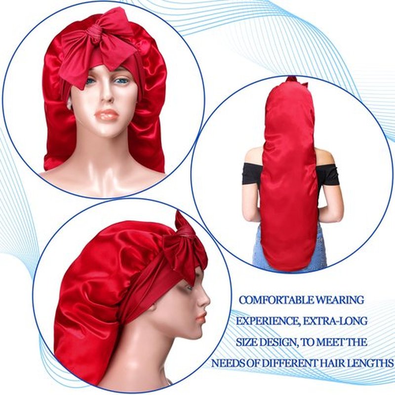 Geyoga 3 Pcs 40 Inches Extra Long Satin Braid Bonnet for Sleeping Silk Hair Bonnet for Women with Tie Band Foldable Braids Hair Sleep Tie, Black, Wine Red and Gold