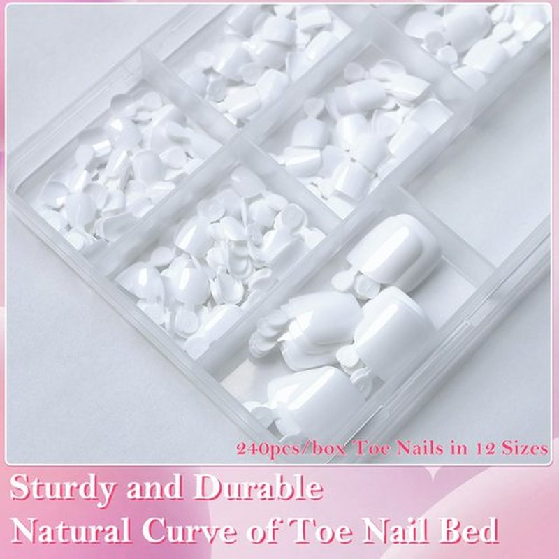 AddFavor 240pcs White Press on Toenails for Women Toe Press on Nails Square Toe Nails Press ons Fake Toe Nail Tips 12 Sizes White Toenails Press on Artificial Fake Toenails with Adhesive Tabs Glue