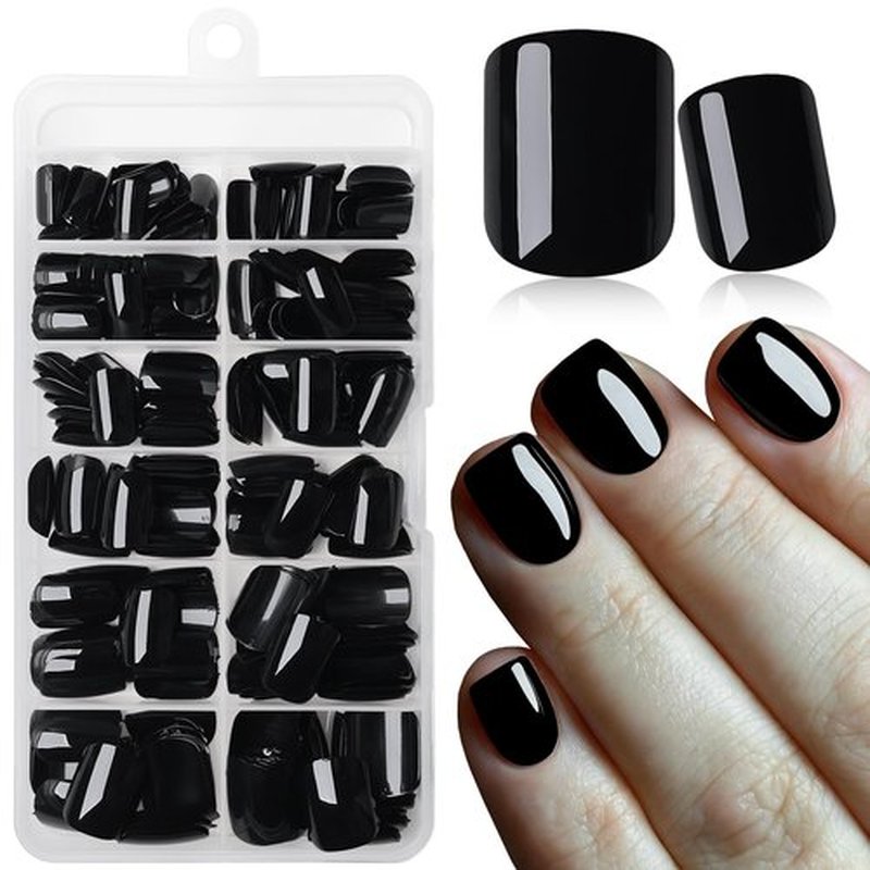 240pc Black Press on Nails Short Square Fake Nails with Glue Tabs, Short Nails Press on Nail Square Glue on Nail Black Acrylic Nail False Stick Nail Women Girls Artificial Fingernails Kit 12 Sizes