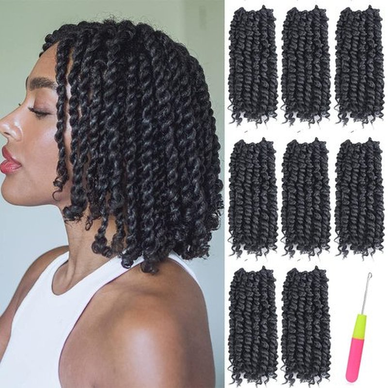 Short Passion Twist Hair 8 Inch, 8 Packs Pre-twisted Passion Twists Crochet Hair for Black Women Pre-looped Synthetic Crochet Braids(8 Packs,1B#)