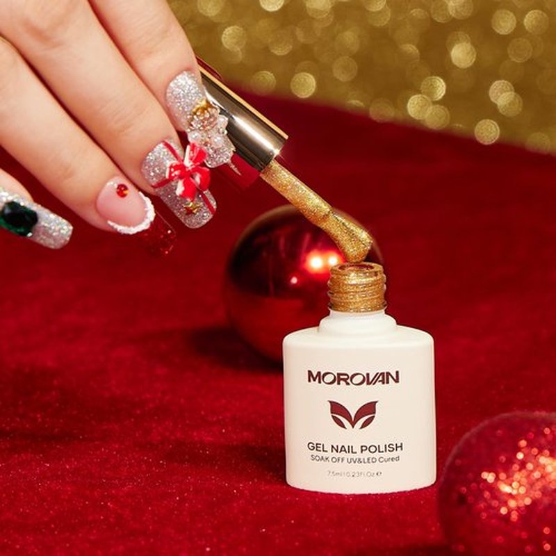 Morovan Gel Nail Polish Set: 6 Christmas Colors Red Sparkle Green Glitter Gold Silver Long-lasting Soak Off Nail Lamp Uv LED Cured Gel Polish Kit for Women Home Salon with Christmas Gift Box