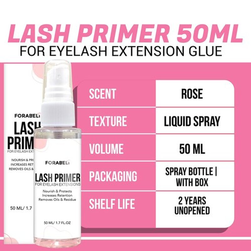 Forabeli Lash Primer Spray for Eyelash Extensions 50ml | Large Value Size Pre-Treatment | Maximum Retention & Adhesion Booster | Protein Remover & Cleanser | Oil Free Formula | 1.69 fl oz