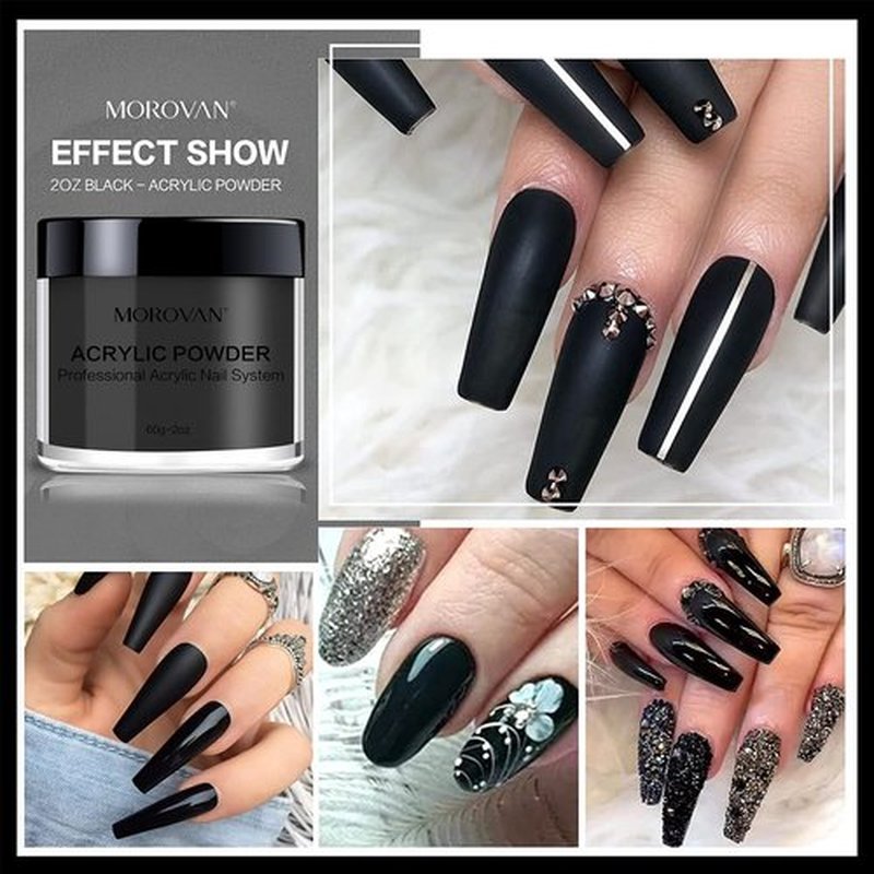 Morovan Black Acrylic Powder for Nails - 2oz Professional Acrylic Nail Powder Polymer Black Nail Powders for Acrylic Nail Extension Carving