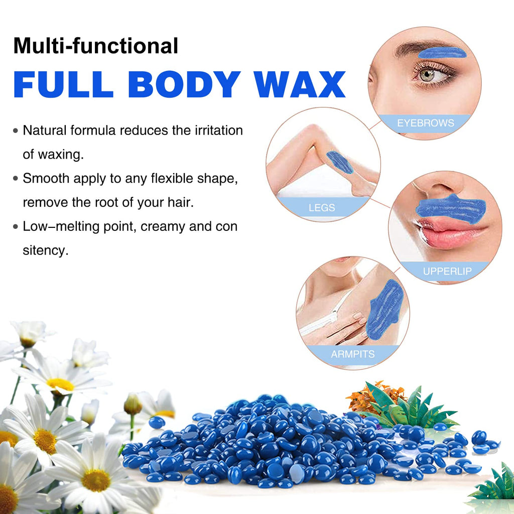 Auperwel Wax Beads 1.1lb, Hard Wax Beads for Coarse Hair Removal & Sensitive Skin, Works on Brazilian Bikini, Armpit, Legs, Face, Eyebrow, Back, Waxing Beads with 20 Sticks（Chamomile）