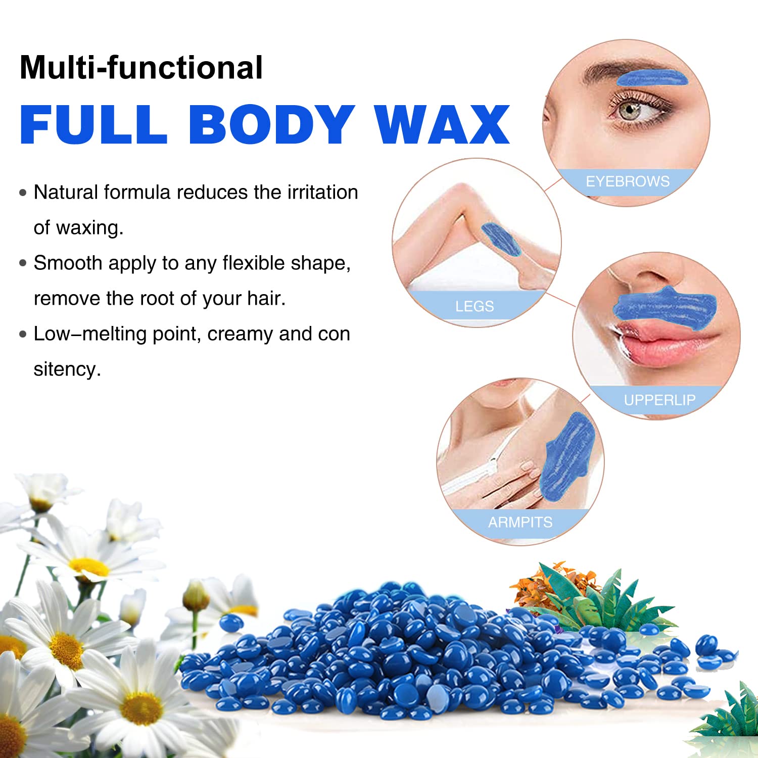 Auperwel Wax Beads 1.1lb, Hard Wax Beads for Coarse Hair Removal & Sensitive Skin, Works on Brazilian Bikini, Armpit, Legs, Face, Eyebrow, Back, Waxing Beads with 20 Sticks（Chamomile）