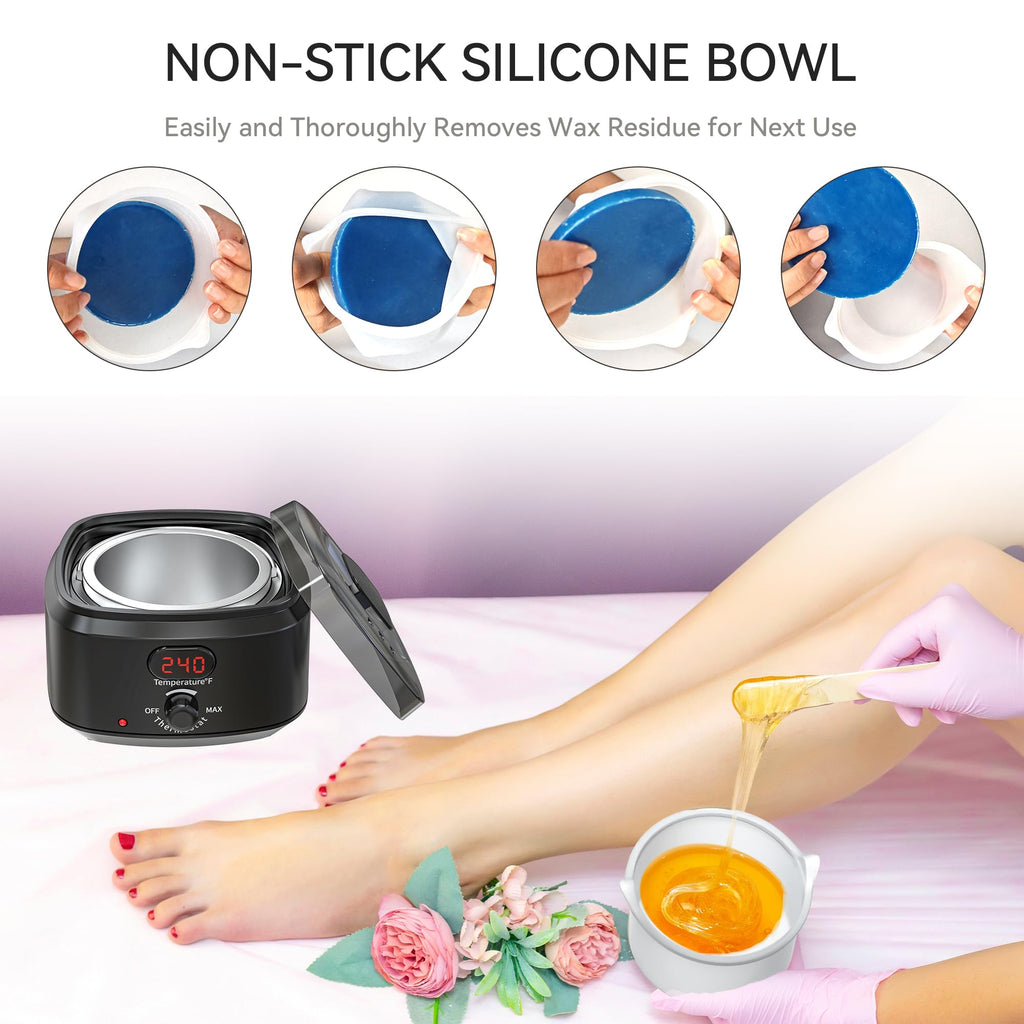 IYINIYI Waxing Kit for Women Men, Digital Wax Kit with Silicone Bowl & 4 Bags Hard Wax Beads, Portable Wax Warmer for Sensitive Skin Full Body Hair Removal, Brazilian Bikini, Eyebrow, Face (Black)