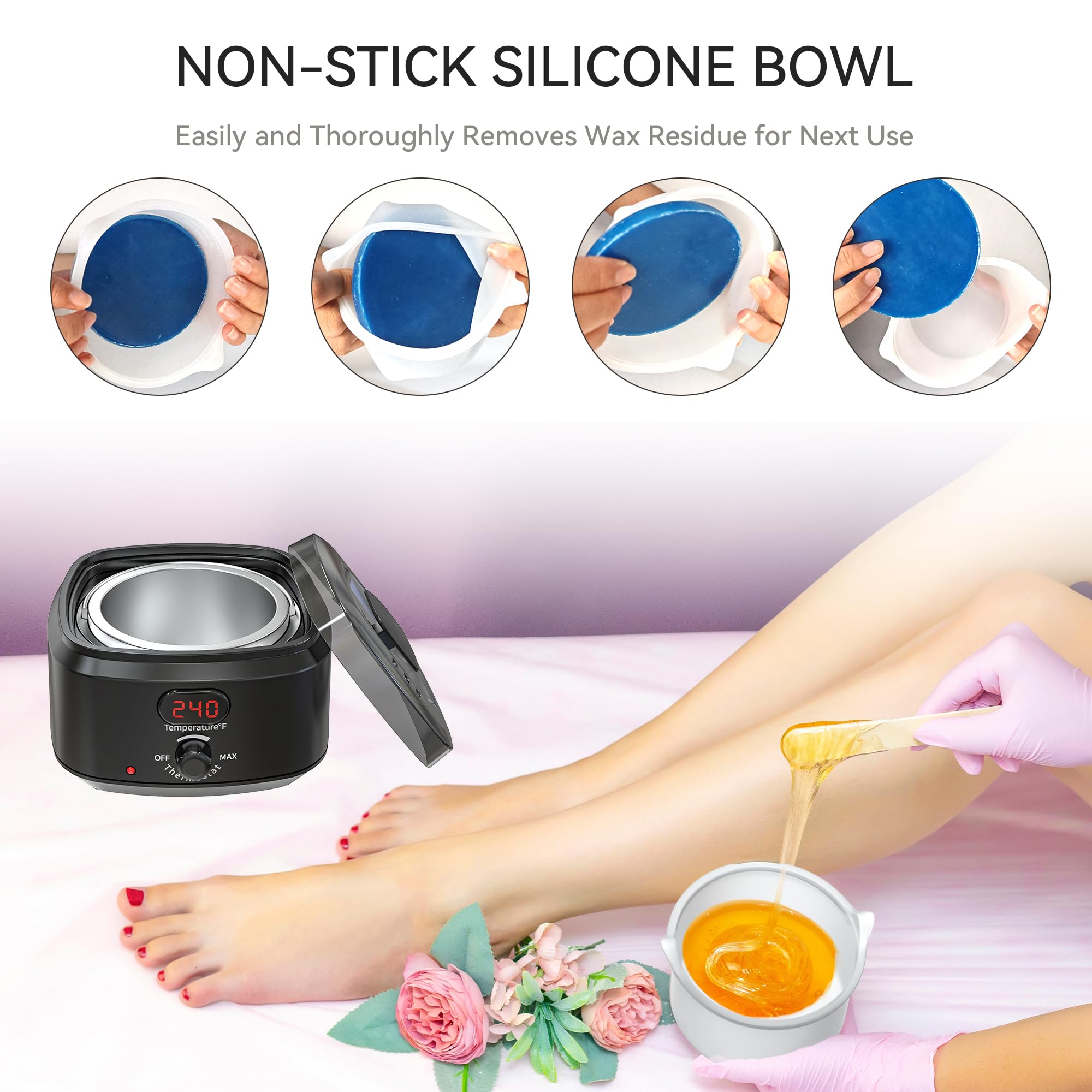IYINIYI Waxing Kit for Women Men, Digital Wax Kit with Silicone Bowl & 4 Bags Hard Wax Beads, Portable Wax Warmer for Sensitive Skin Full Body Hair Removal, Brazilian Bikini, Eyebrow, Face (Black)