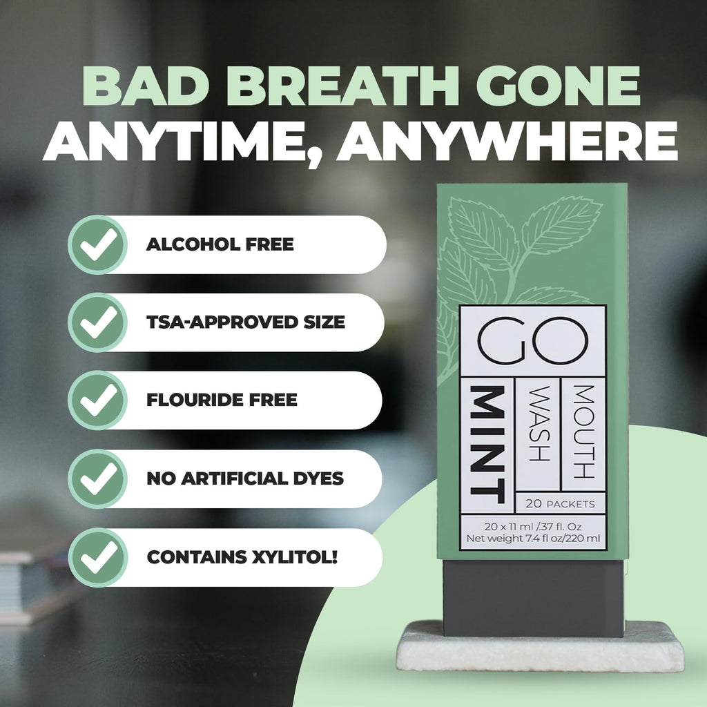 GO Travel Size Mouthwash Packets – Individual sachets for Fresh Breath - TSA Compliant - Smart Packet Design to Reduce Travel Bottle Waste - Liquid Mint Flavored Portable Bulk