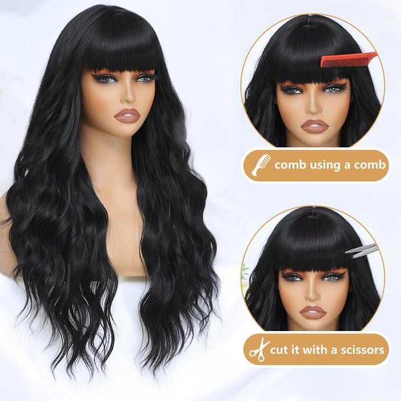 MINLEE Black Wig with Bangs for Women 26 Inch Long Wavy Wig Natural Black Hair Wigs Heat Resistant Synthetic Wig for Daily Party Use