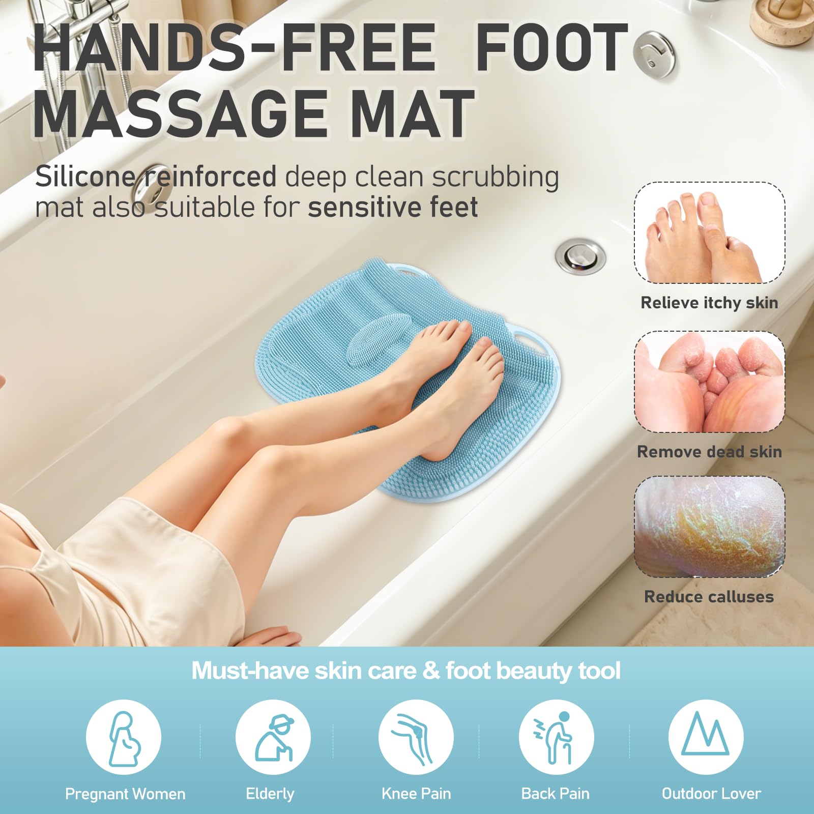 Mabnuby XL Shower Foot Scrubber Mat, Silicone Feet Massage Scrubber in Shower Clean Foot Toes Pad without Bending Non-slip Suction Cups -Blood Circulation Exfoliate Achy Relief 17.4*13.4" Light Blue