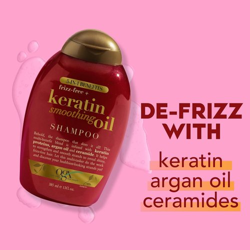 OGX Frizz-Free + Keratin Smoothing Oil Shampoo - 5-in-1 Formula for Shiny, Frizz-Free Hair | 13 Fl Oz