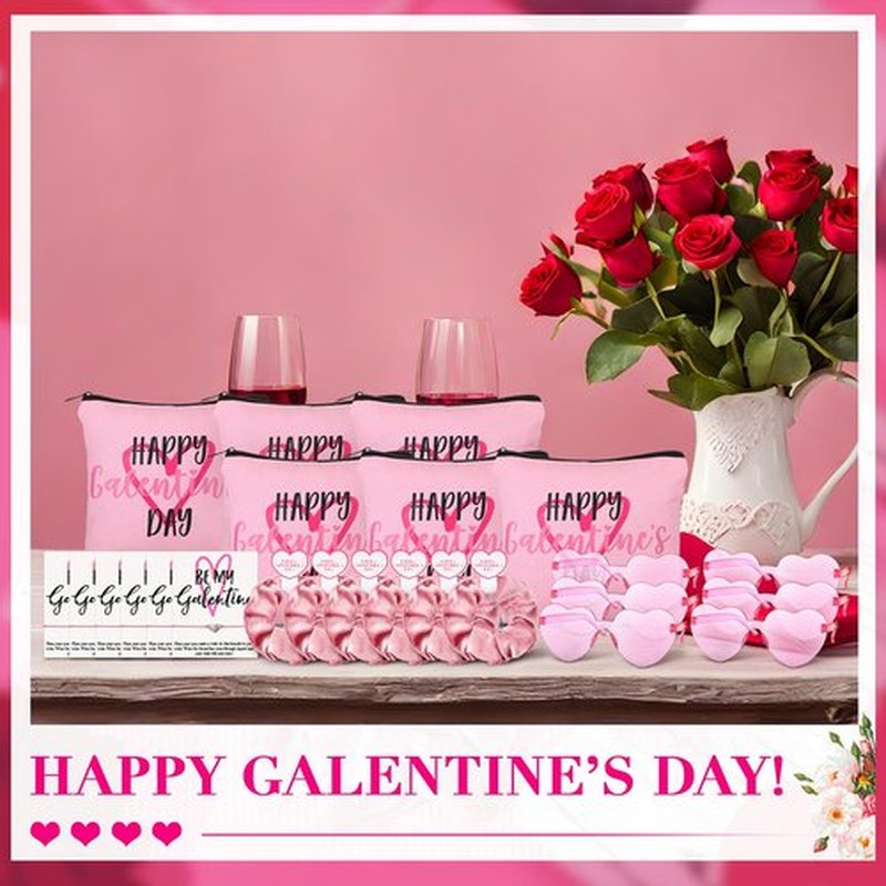 Landical 6 Set Galentine's Day Gift Set Include Makeup Bags Greeting Cards Velvet Hair Scrunchies Bracelets Sunglasses Gifts for Women
