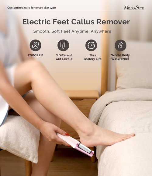 MelodySusie Electric Callus Remover for Feet, PC800G IPX7 Waterproof Rechargeable Pedicure Tool with LED Light & 3 Grits Roller Heads & Adjustable Speeds, for Dead Skin & Cracked Heel, Pink Rose